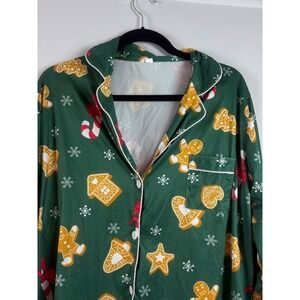 Christmas Pajama Set Green Gingerbread Candy Cane Button Down Sleepwear XXL